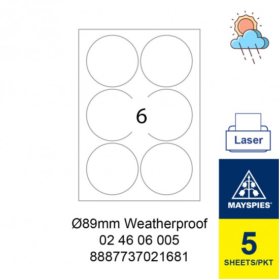 MAYSPIES 02 46 06 005 PREMIUM COLOR LASER LABEL / 5 SHEETS/PKT WHITE WEATHERPROOF 89MM ROUND